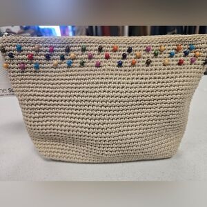 The Sak Beige Crochet Cosmetic Bag with Multicolor Beads